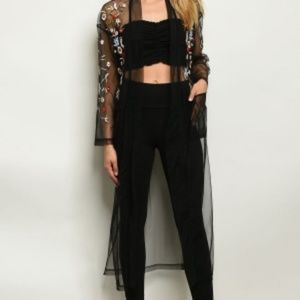 Kimono Cardigan Beach Black Sheer Floral Design